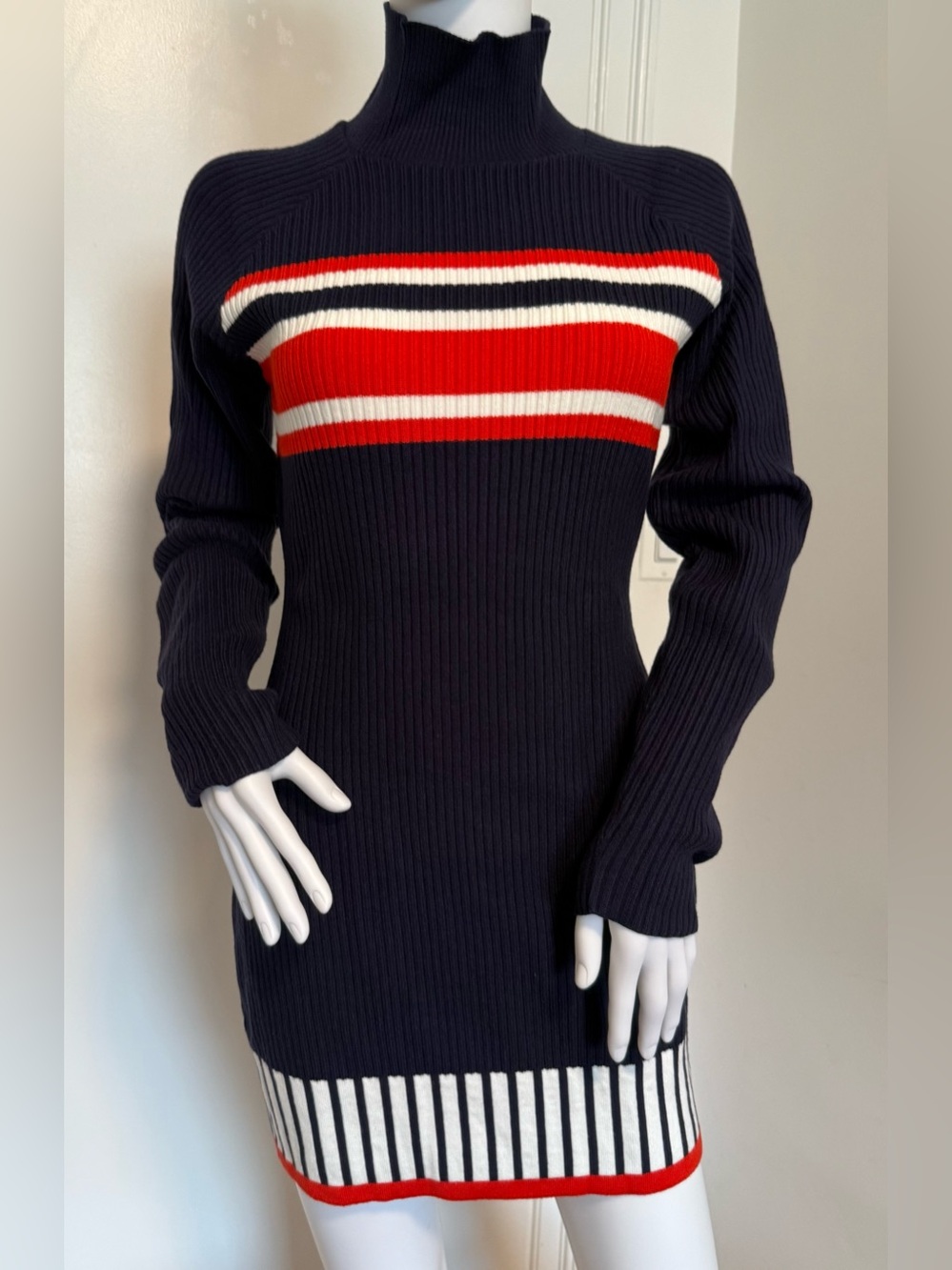 OYROSY Navy Ribbed Turtleneck Knit Sweater Dress with Red & Cream Stripes